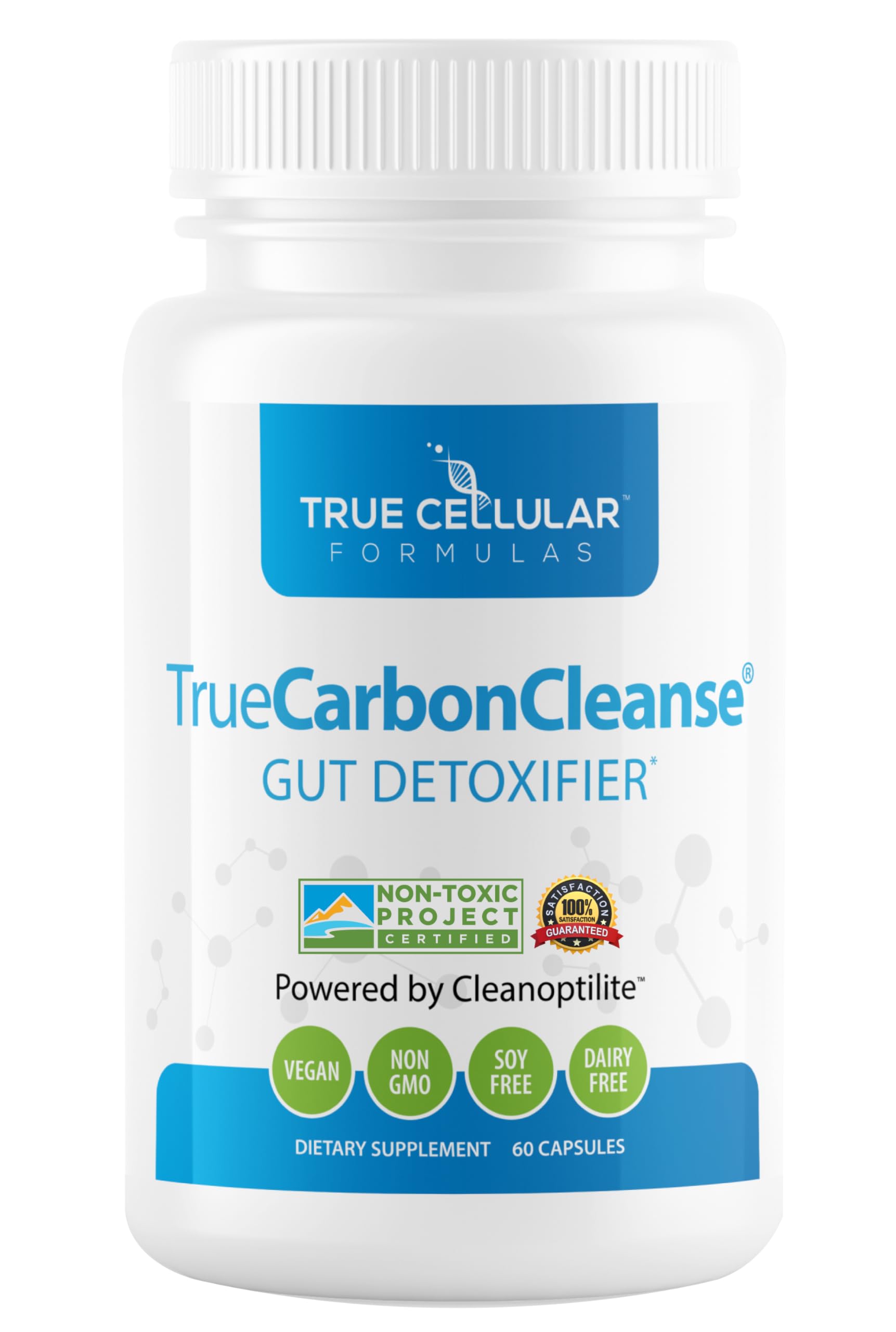 TrueCarbonCleanse bottle front shows vegan daily wellness support.