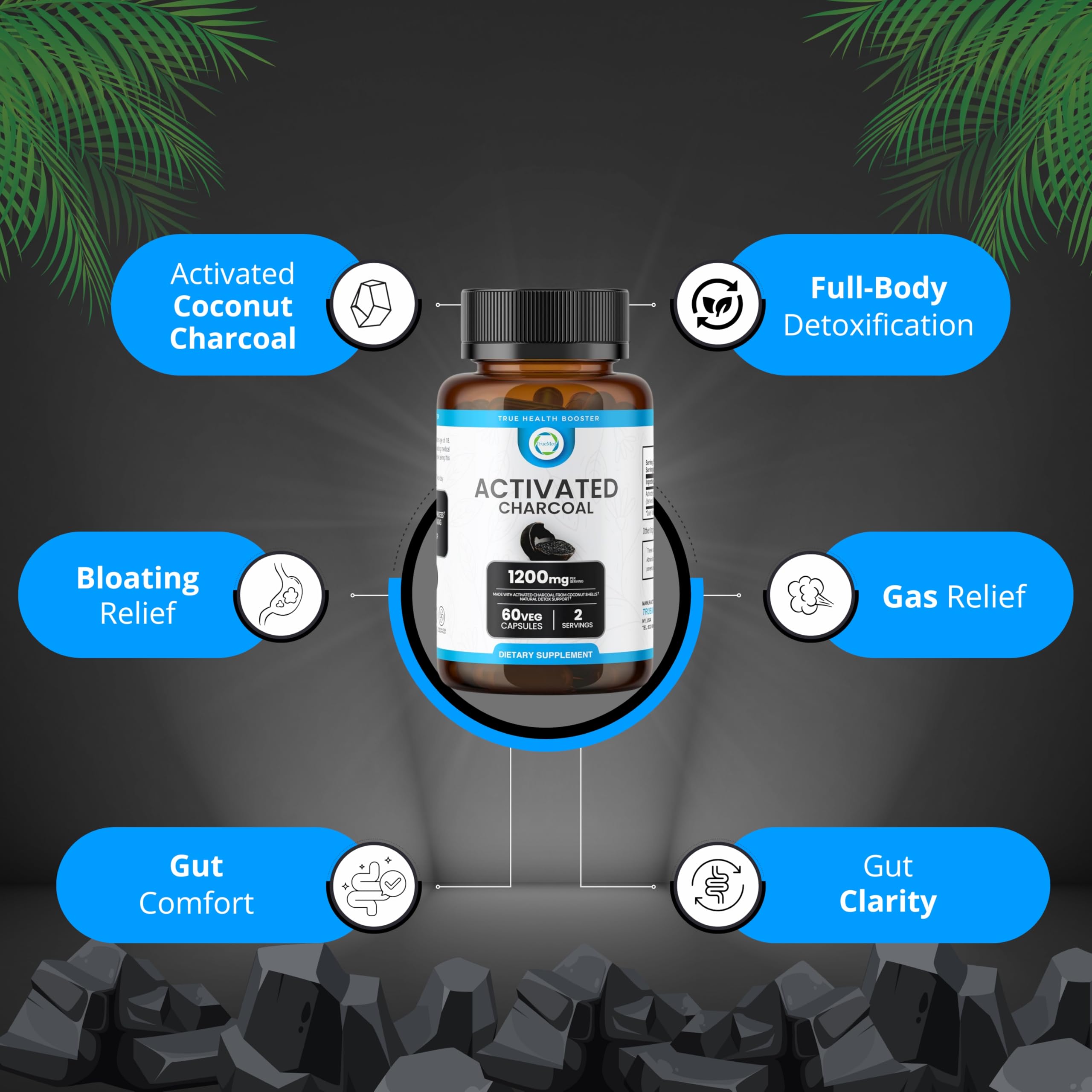 Close-up of TRUEMED charcoal capsules packaging