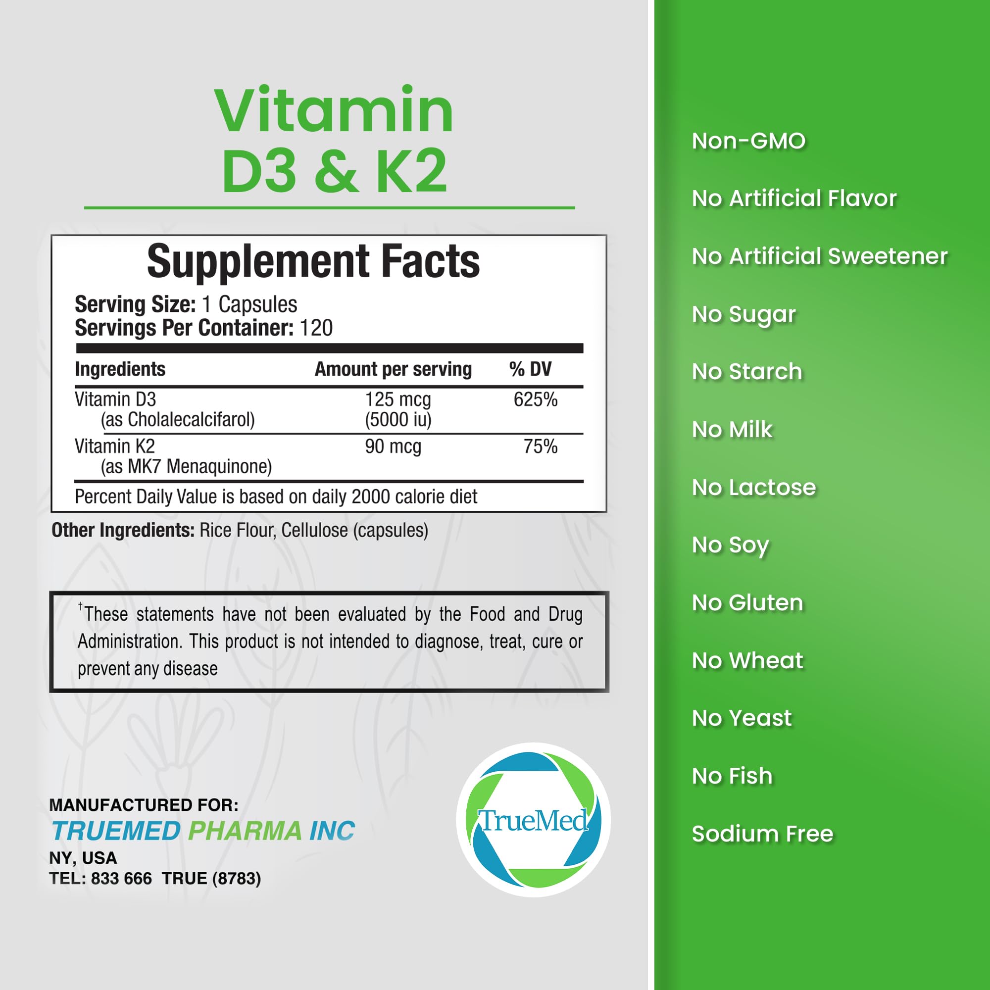 Ingredients list for TRUEMED D3 & K2
