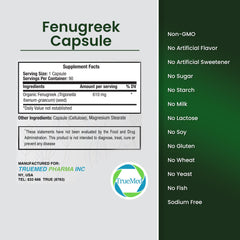 Fenugreek capsules side view displaying 610 mg per capsule
