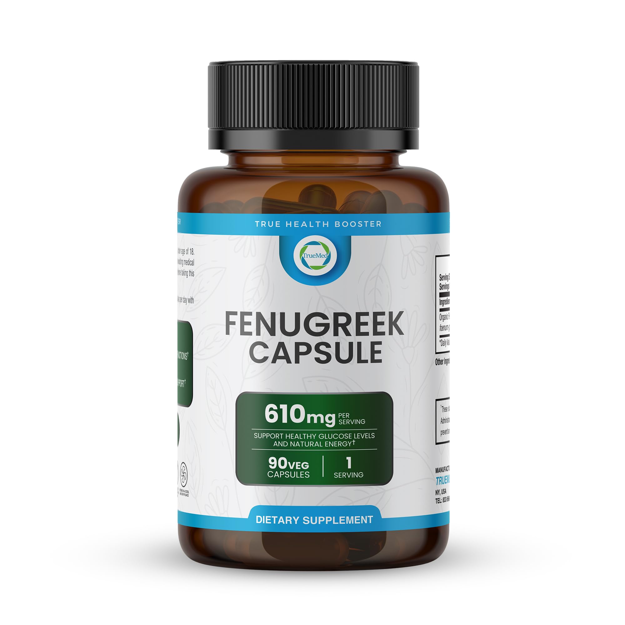 Bottle of TRUEMED Fenugreek Capsules 610 mg on white background