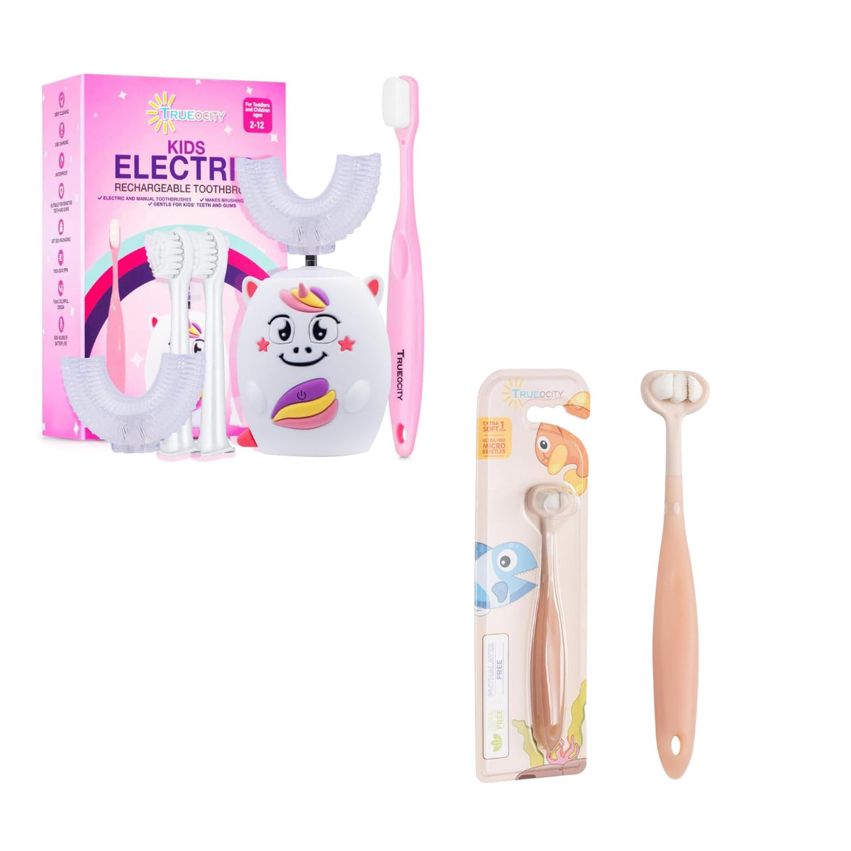 Trueocity Kids Oral Care Set with U-shaped electric toothbrush and unicorn design for toddlers and kids