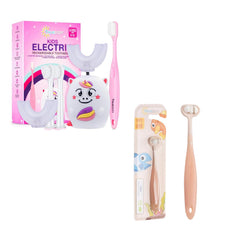 Trueocity Kids Oral Care Set with U-shaped electric toothbrush and unicorn design for toddlers and kids