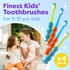 All four brushes showing compact child-sized heads and soft bristles.