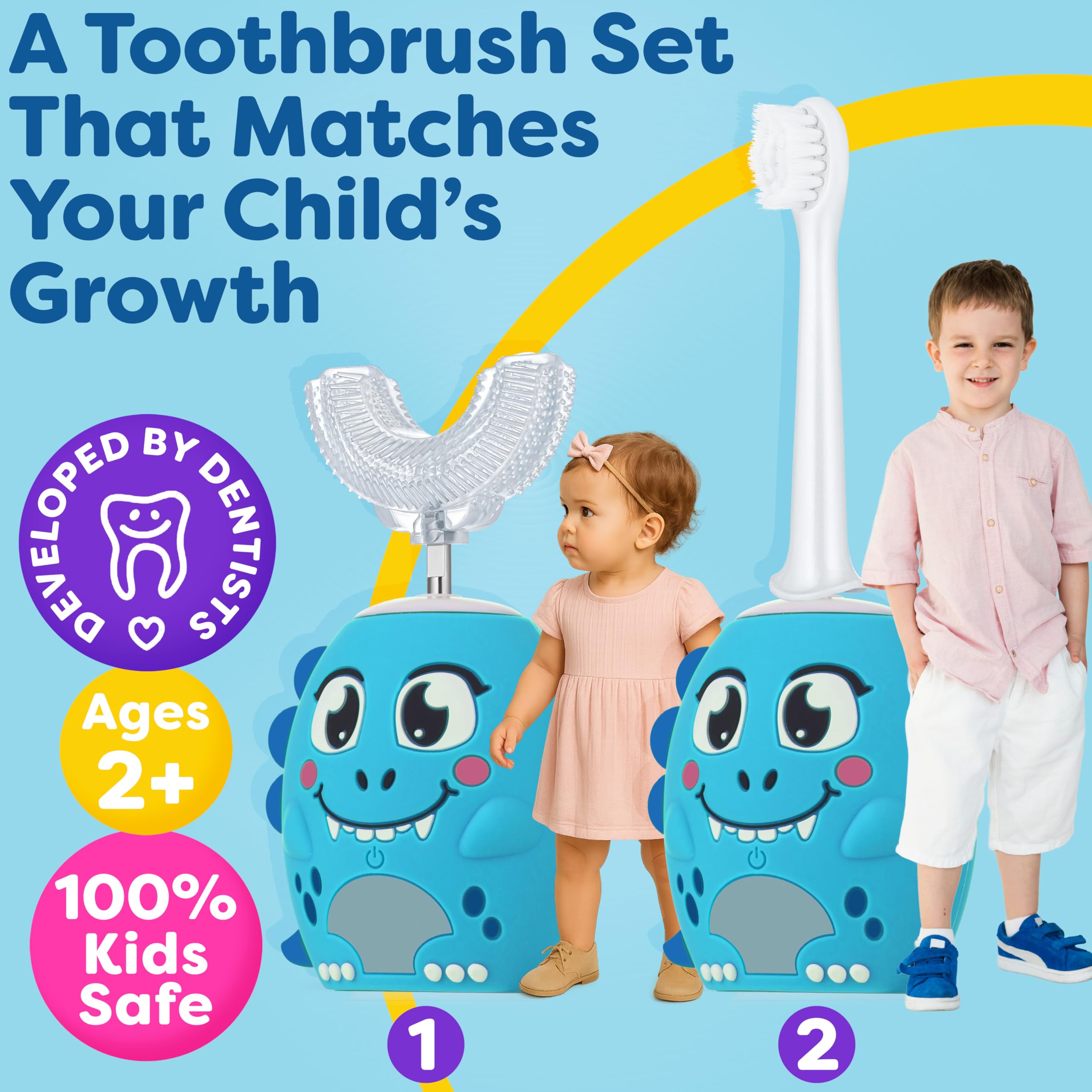 Close-up of blue dinosaur-themed U-shaped brush head