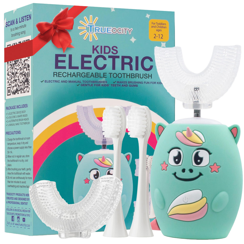 Trueocity Kids turquoise unicorn U-shape electric toothbrush front view