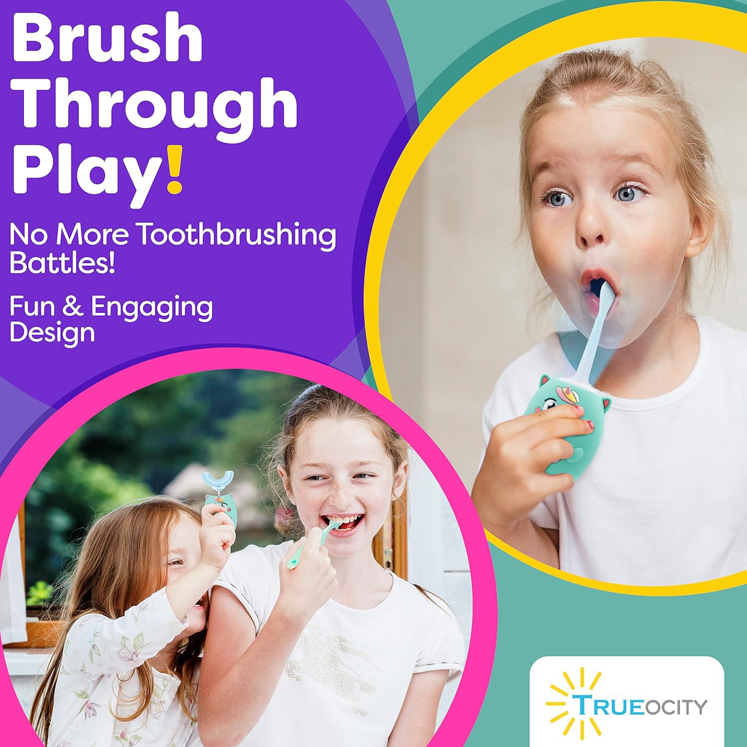 Close-up of turquoise unicorn toothbrush design