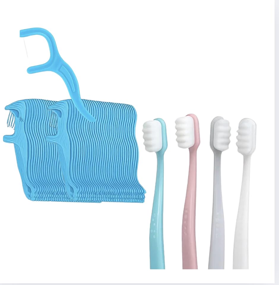 Trueocity Oral Care Bundle with dental floss picks and extra soft toothbrushes for adults, travel size, plaque and gum health.