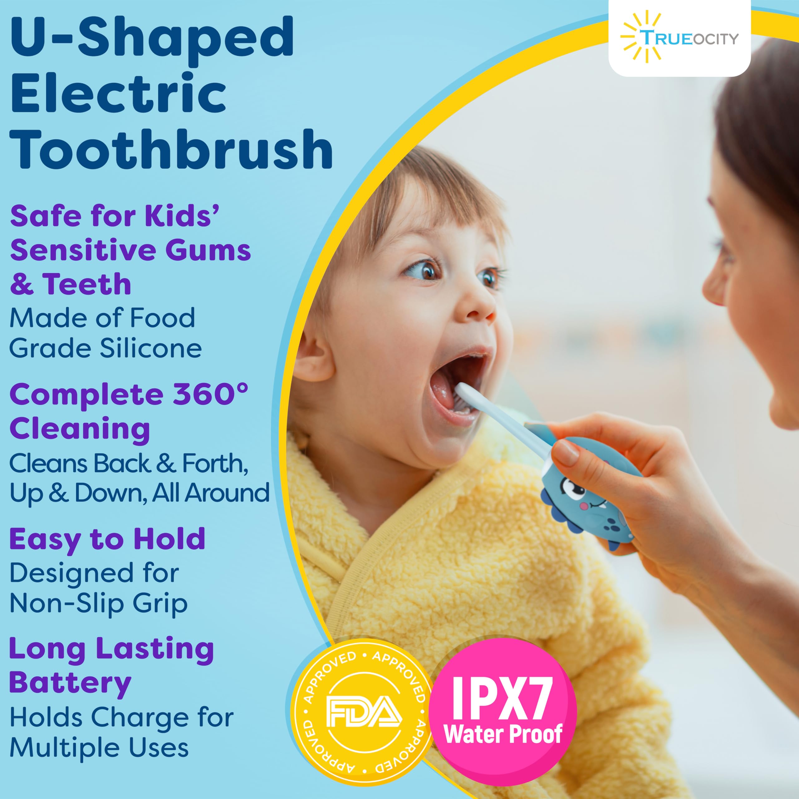 Blue Trueocity toothbrush head with 360° silicone U-shape