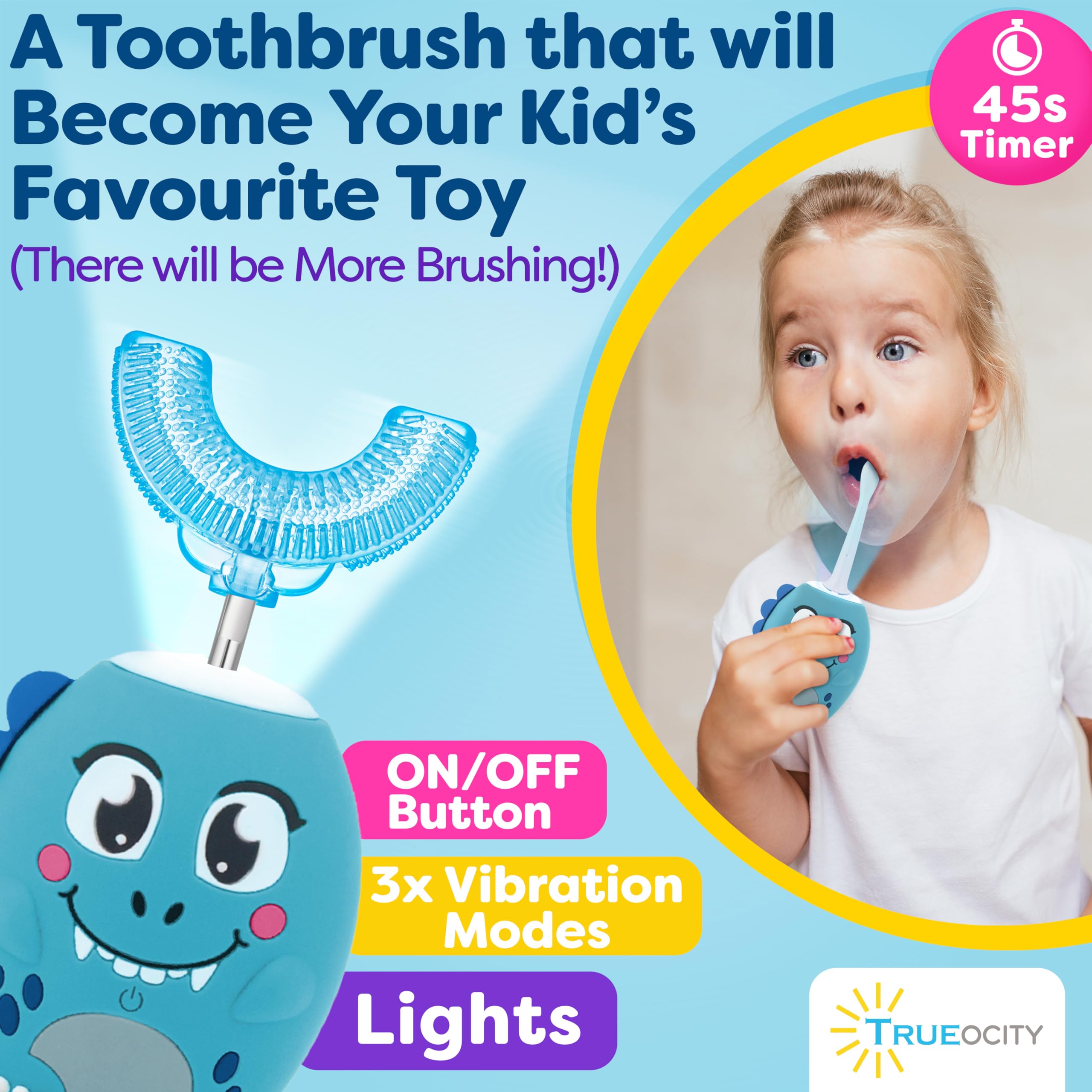 360° silicone U-shaped brush head cleans all teeth at once