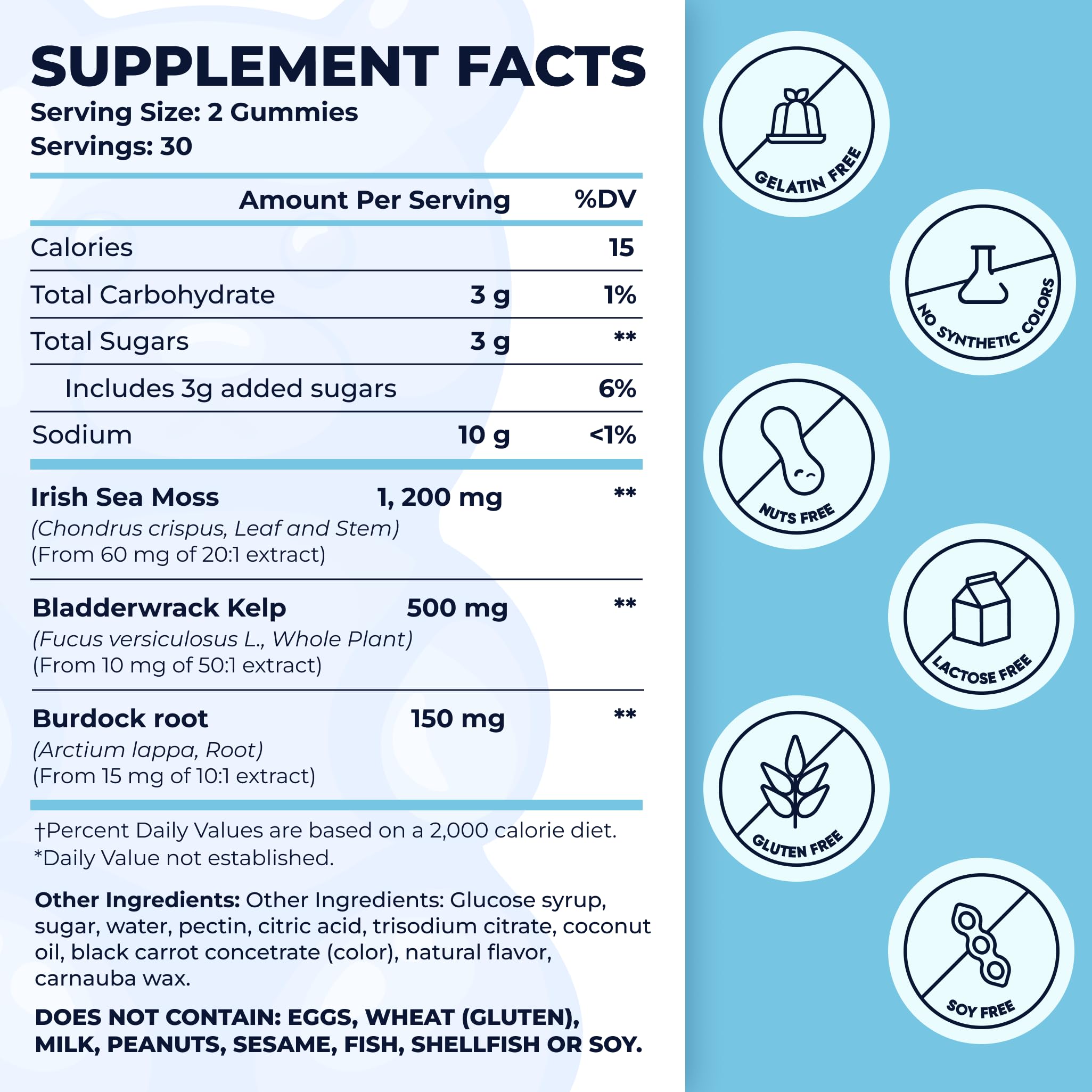 Close-up of ingredients showing Irish sea moss with burdock root and bladderwrack