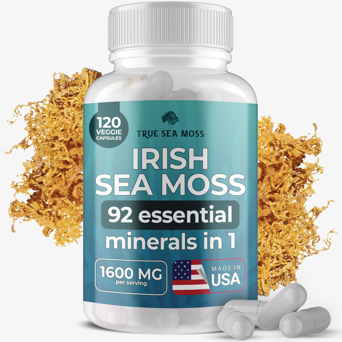 TrueSeaMoss Irish Sea Moss capsules bottle front view