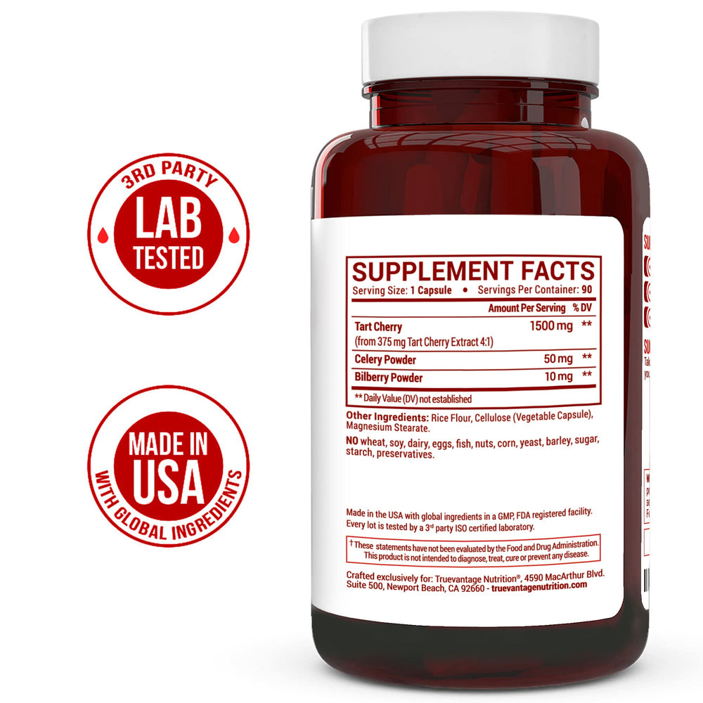 Graphic showing celery seed extract, bilberry, and Montmorency tart cherry ingredients