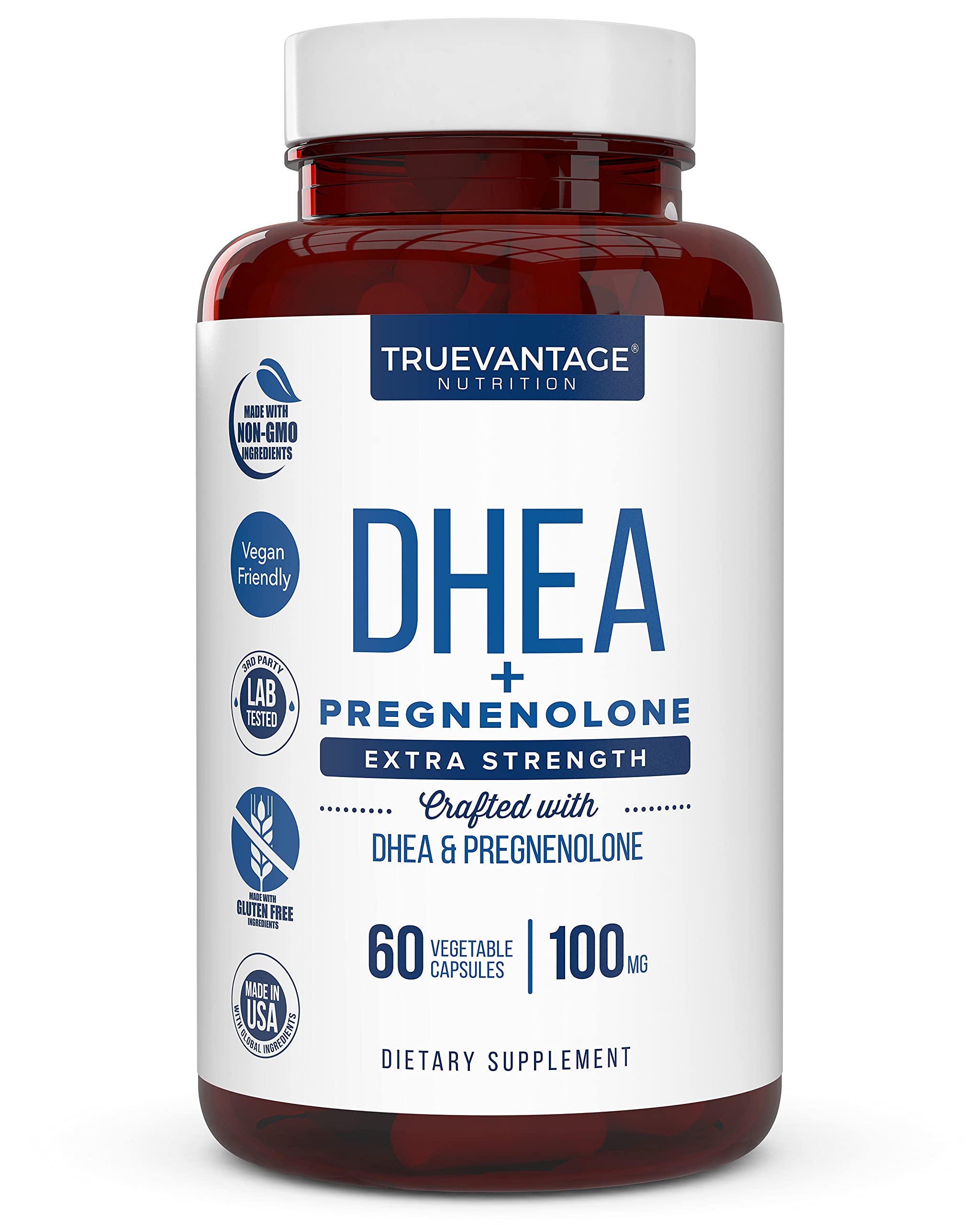 Bottle of Truevantage Nutrition DHEA 100mg with Pregnenolone 60mg supplement