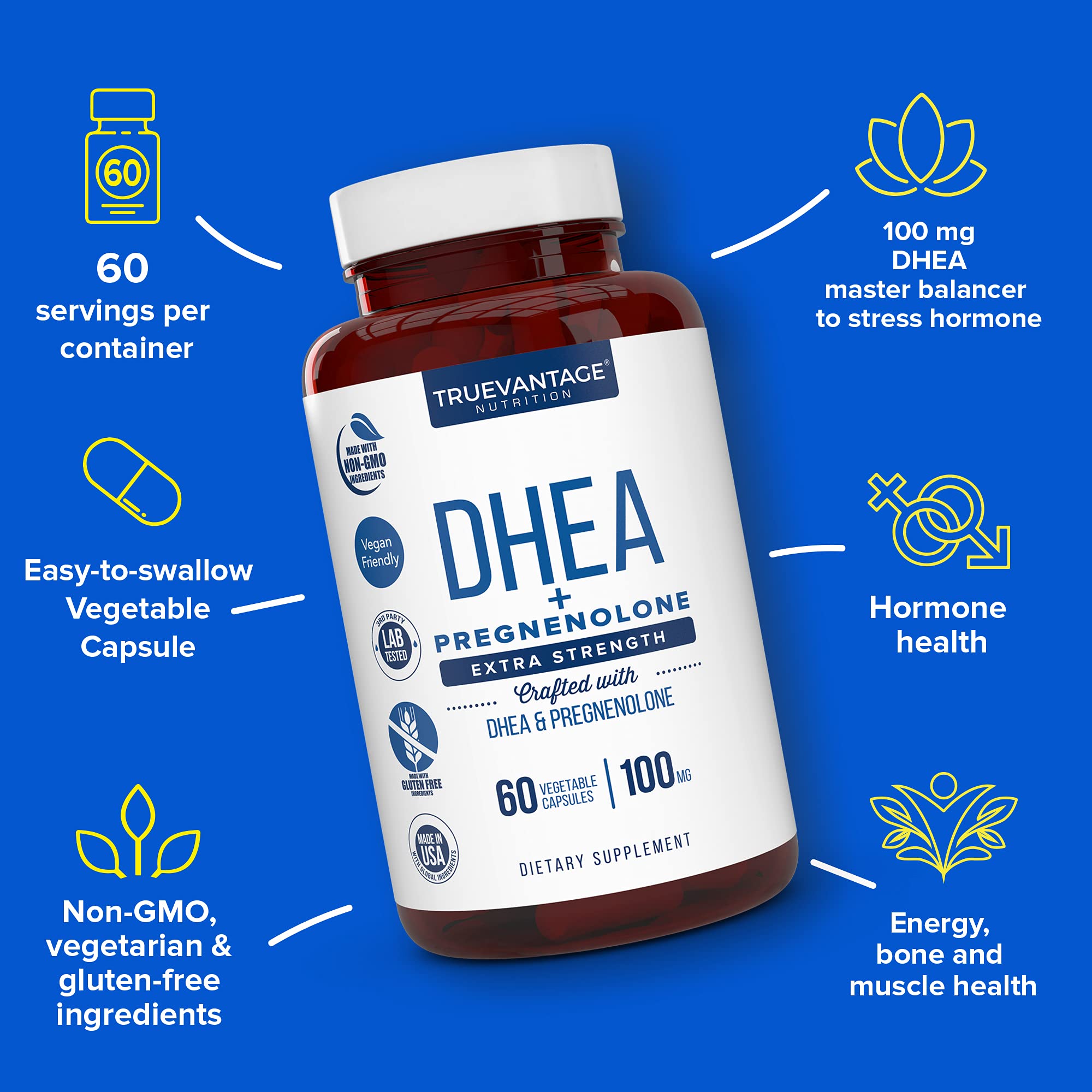 Close-up of DHEA 100mg and Pregnenolone 60mg capsules