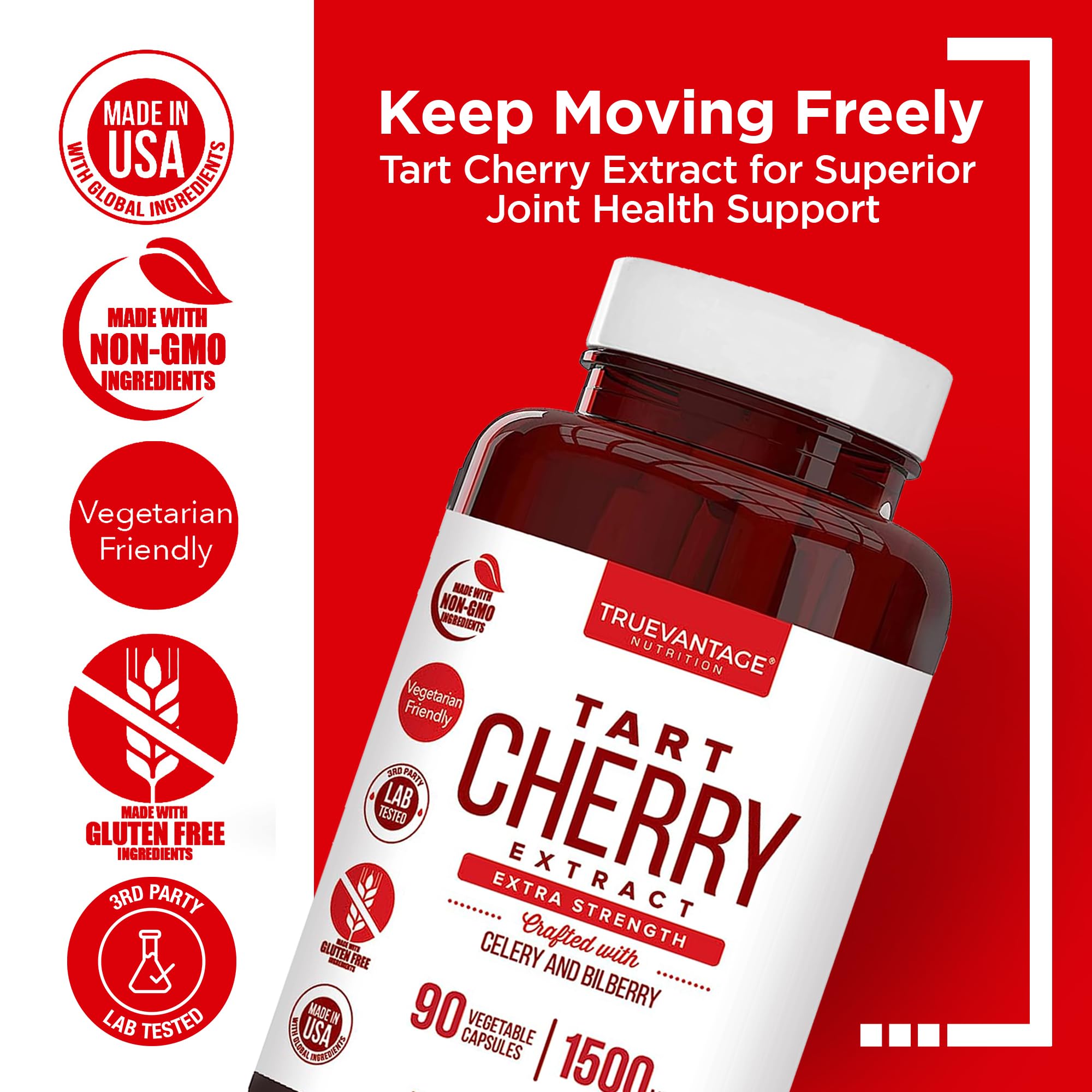 Back label detailing ingredients and dosage for Truevantage Tart Cherry Capsules
