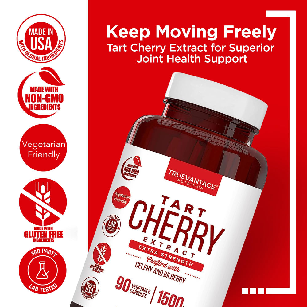 Back label detailing ingredients and dosage for Truevantage Tart Cherry Capsules