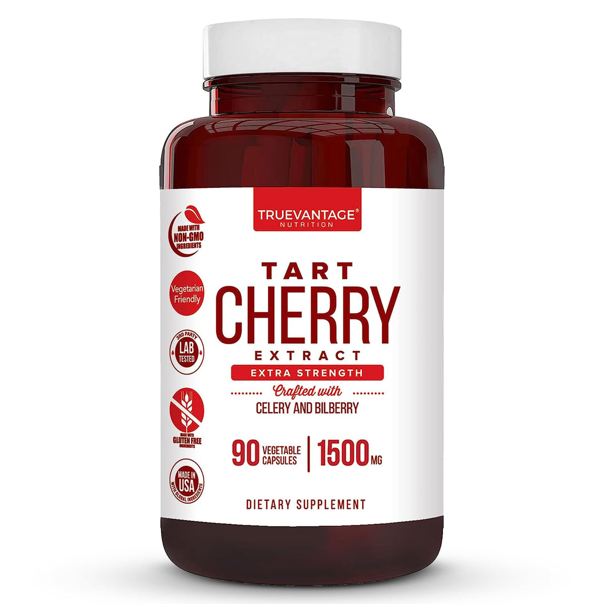 Front label of Truevantage Tart Cherry Extract Capsules bottle showing 90 capsules