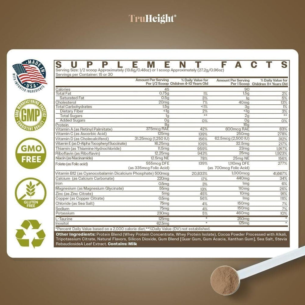 Close-up of powder texture and nutrition label on packaging