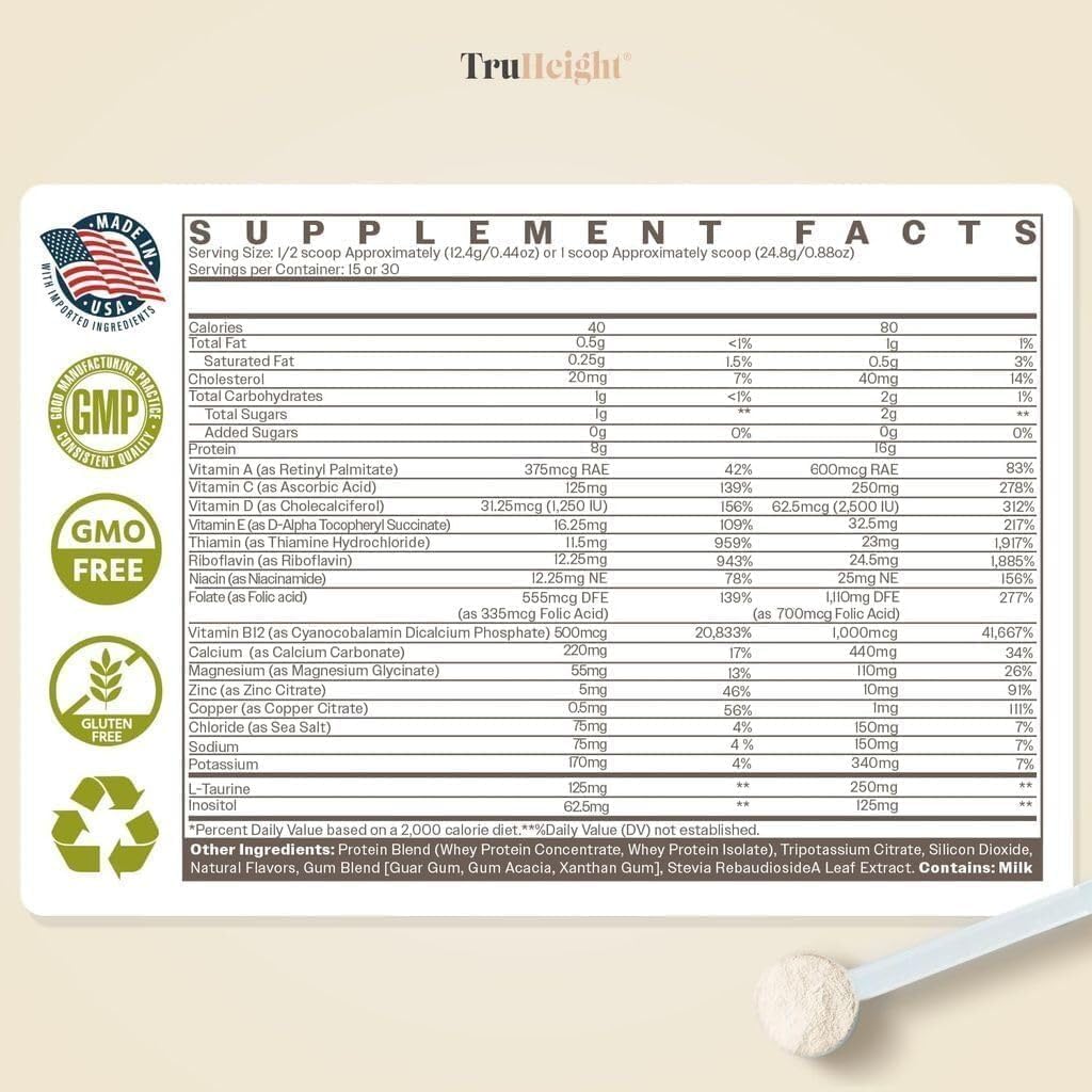 Nutrition facts panel for TruHeight Vanilla shake