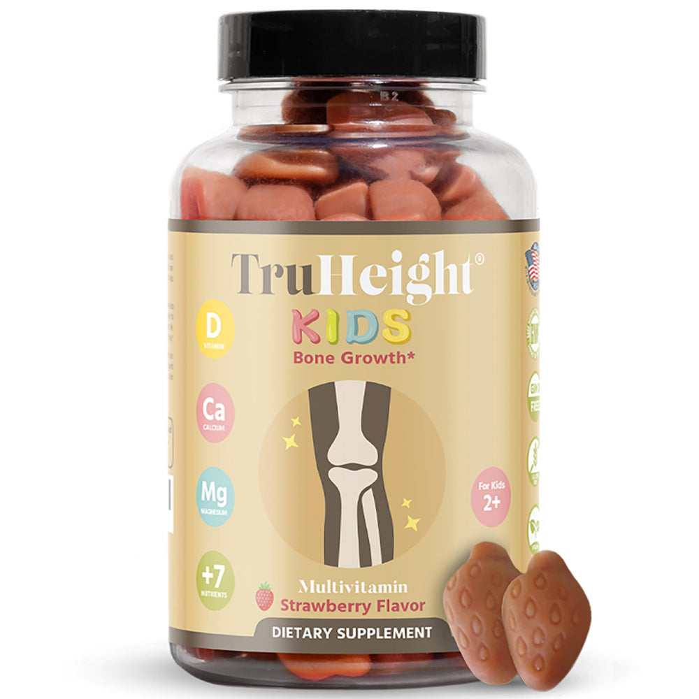 Front view of TruHeight Kids Bone Growth Gummies bottle - Strawberry flavor