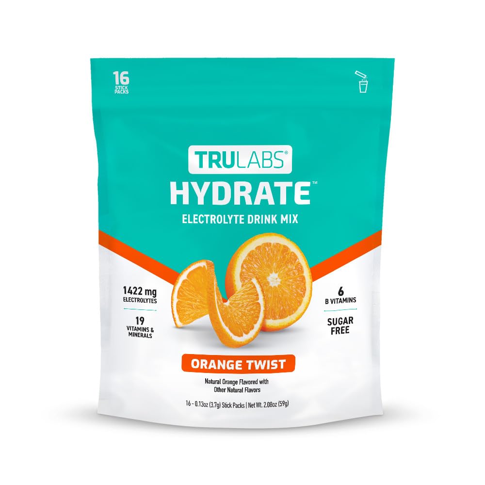 TRULABS Hydrate Orange Twist packaging shown with convenient stick packs for on-the-go hydration