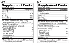Ingredients include saw palmetto, zinc, lycopene, cranberry and pumpkin seed