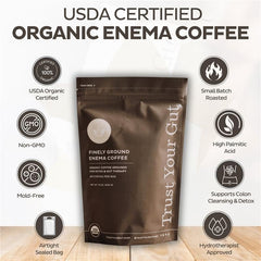 Trust Your Gut enema coffee ground bag highlighting air-roasted beans preserving palmitic acid and caffeine