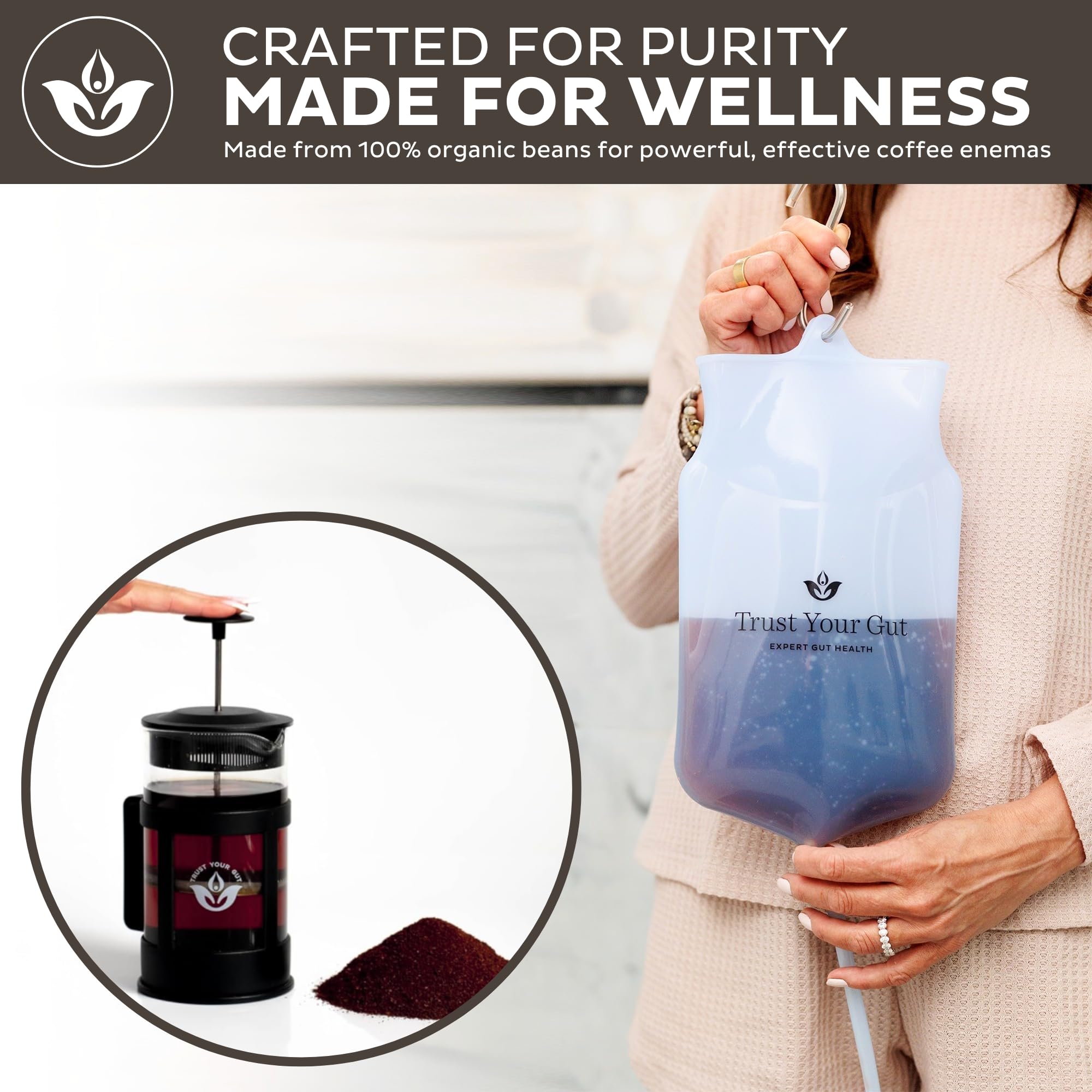 Trust Your Gut enema kit setup image emphasizing easy three-step preparation and comfort