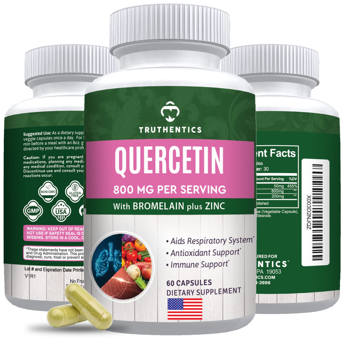 TRUTHENTICS Quercetin bottle showing 800 mg quercetin dihydrate per serving