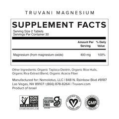 Back of Truvani Magnesium bottle showing supplement facts