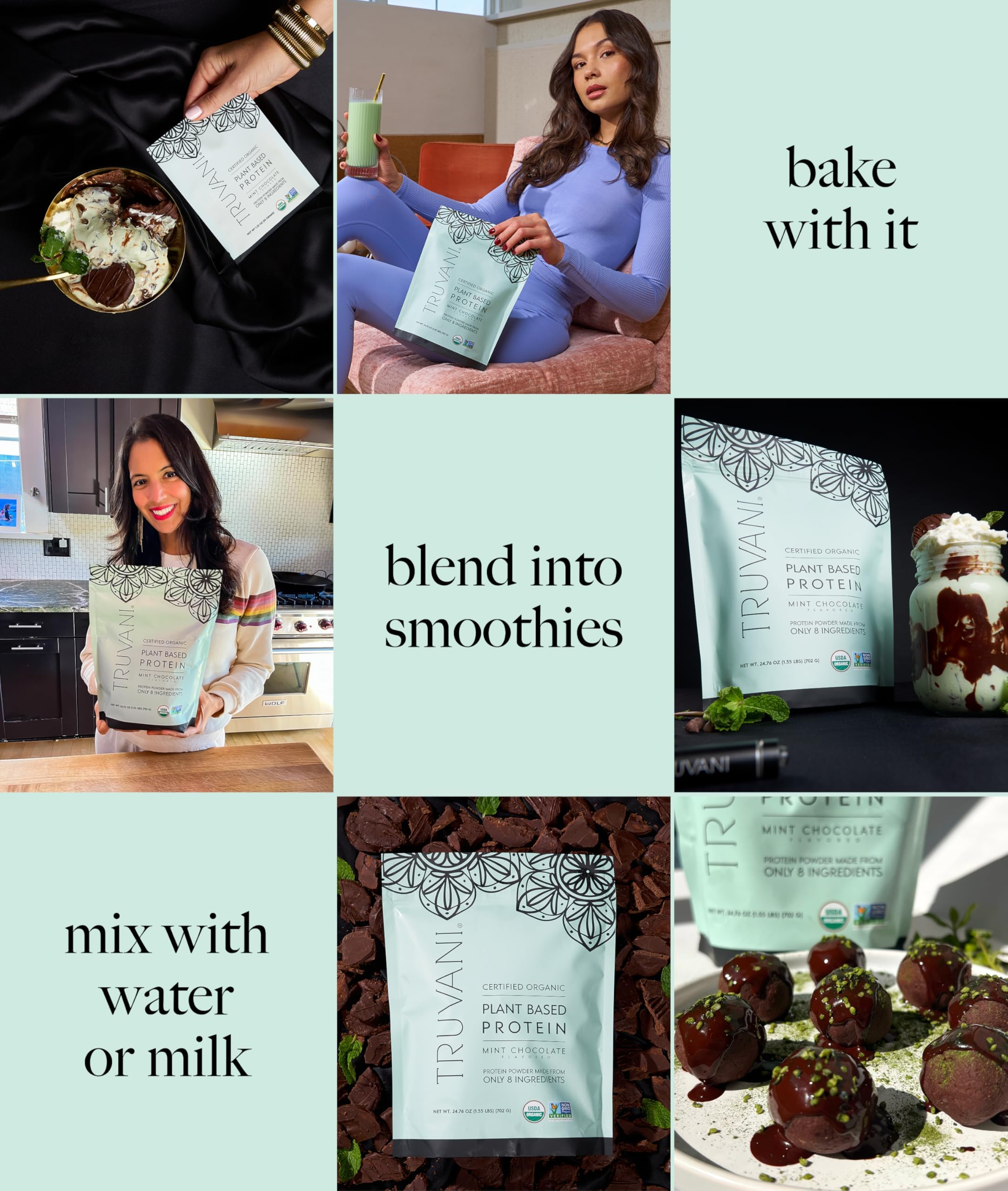 Truvani mint chocolate protein shake in glass showcasing smooth texture