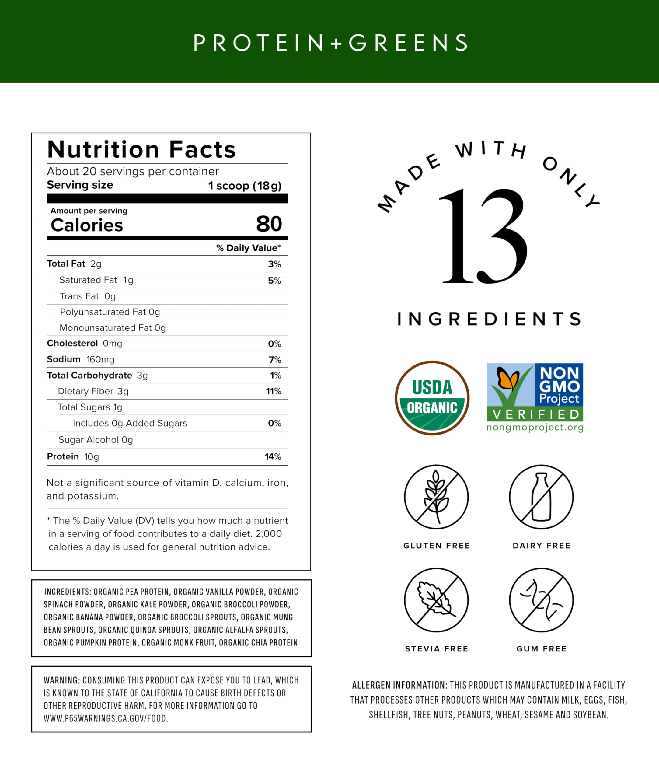 Truvani Organic protein greens bag shows USDA Organic certification and clean ingredients