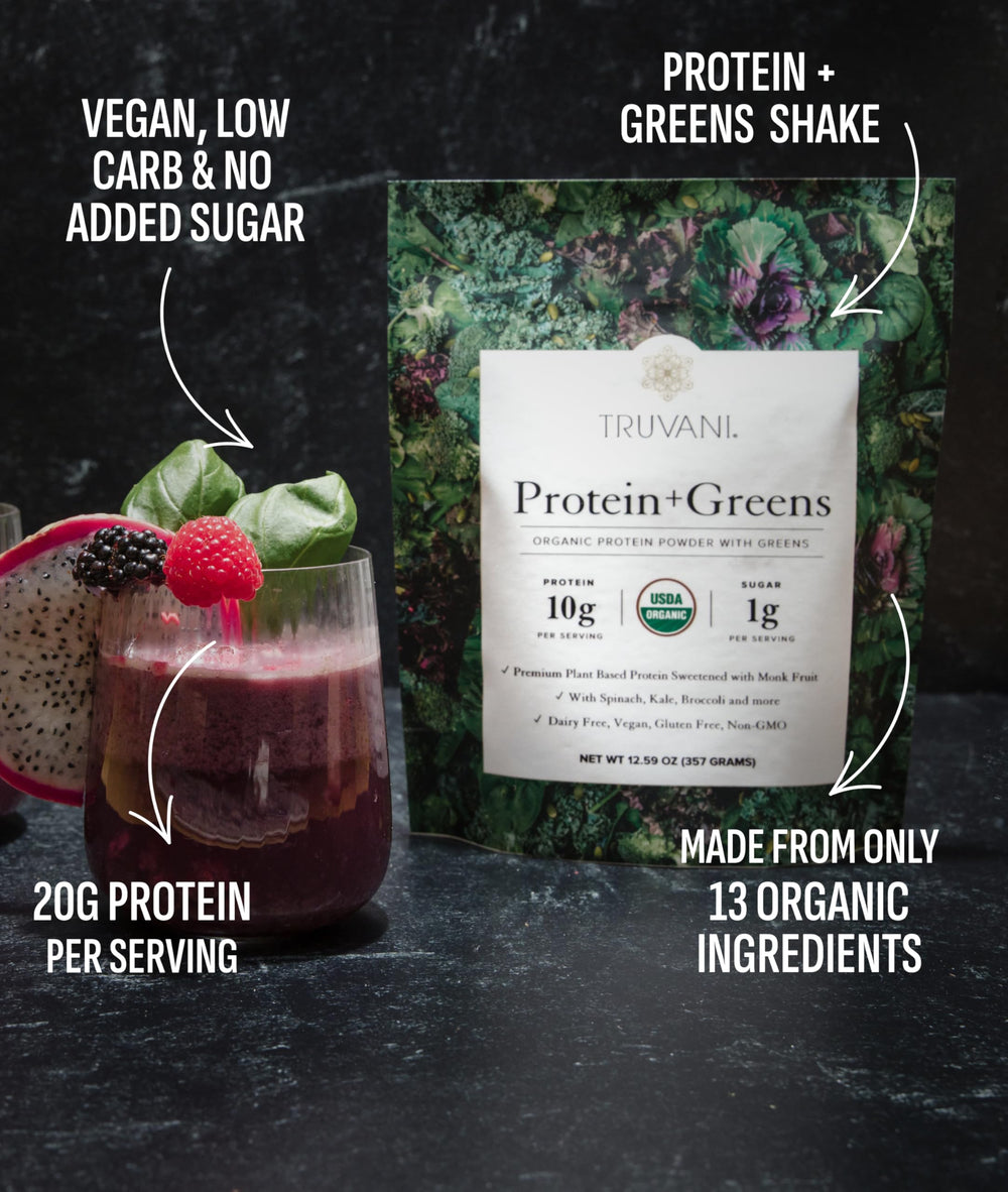 Truvani Organic protein greens bag shows USDA Organic certification and clean ingredients