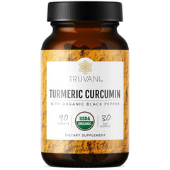 Front view of Truvani Organic Turmeric Curcumin tablets bottle showing 1350 mg per tablet