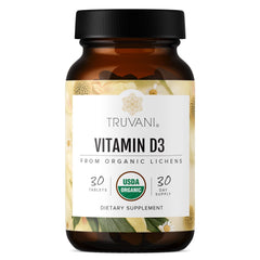 Front label of Truvani Organic Vitamin D3 bottle showing 30 tablets