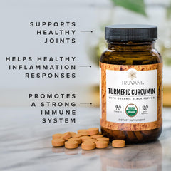 90-count bottle of Truvani Turmeric Curcumin tablets