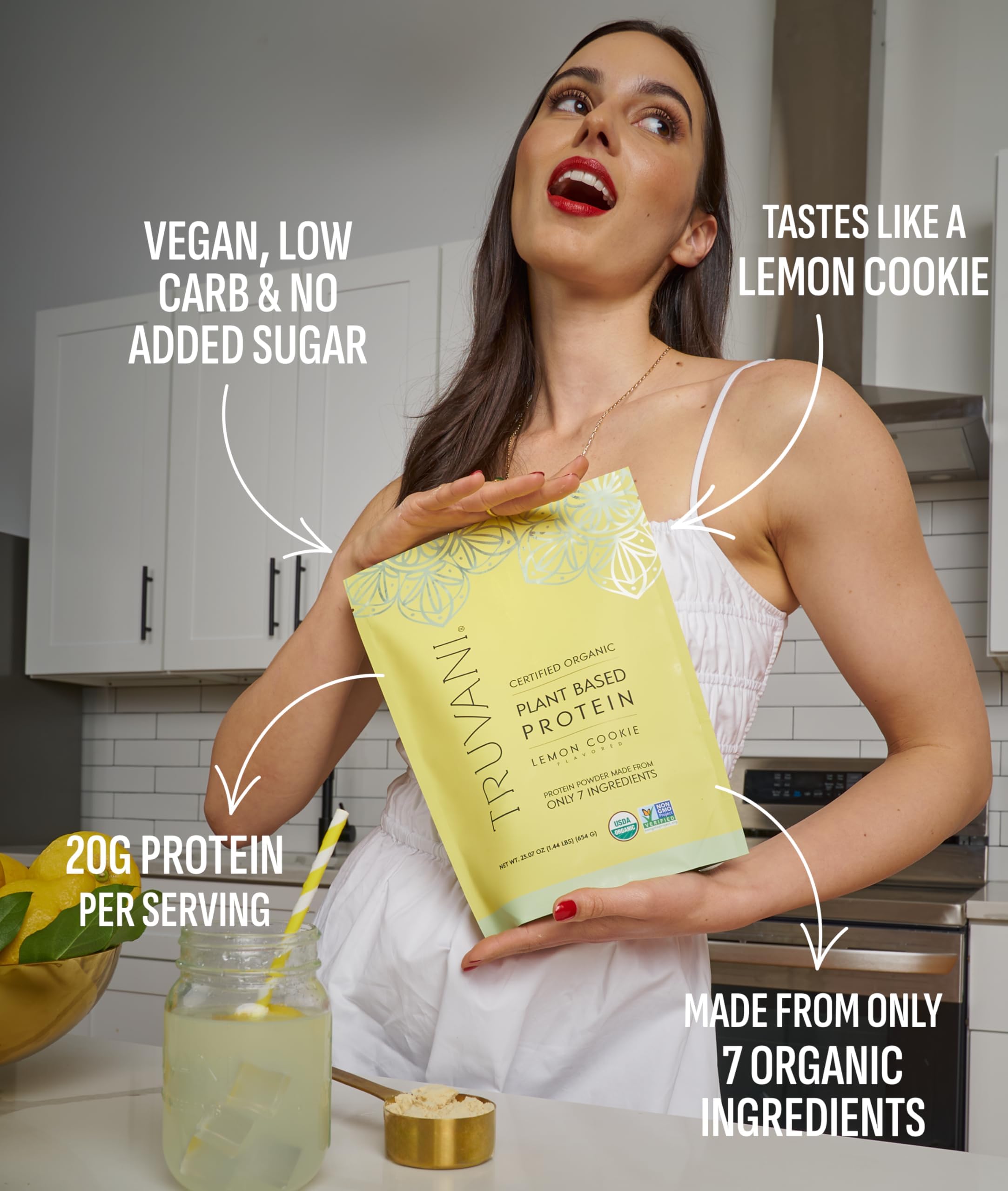 Truvani Lemon Cookie protein shake glass showcasing keto-friendly texture