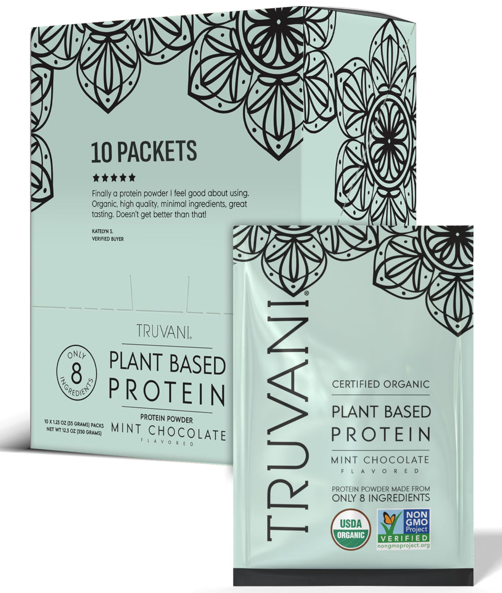 Truvani vegan pea protein mint chocolate packet for on-the-go protein boost
