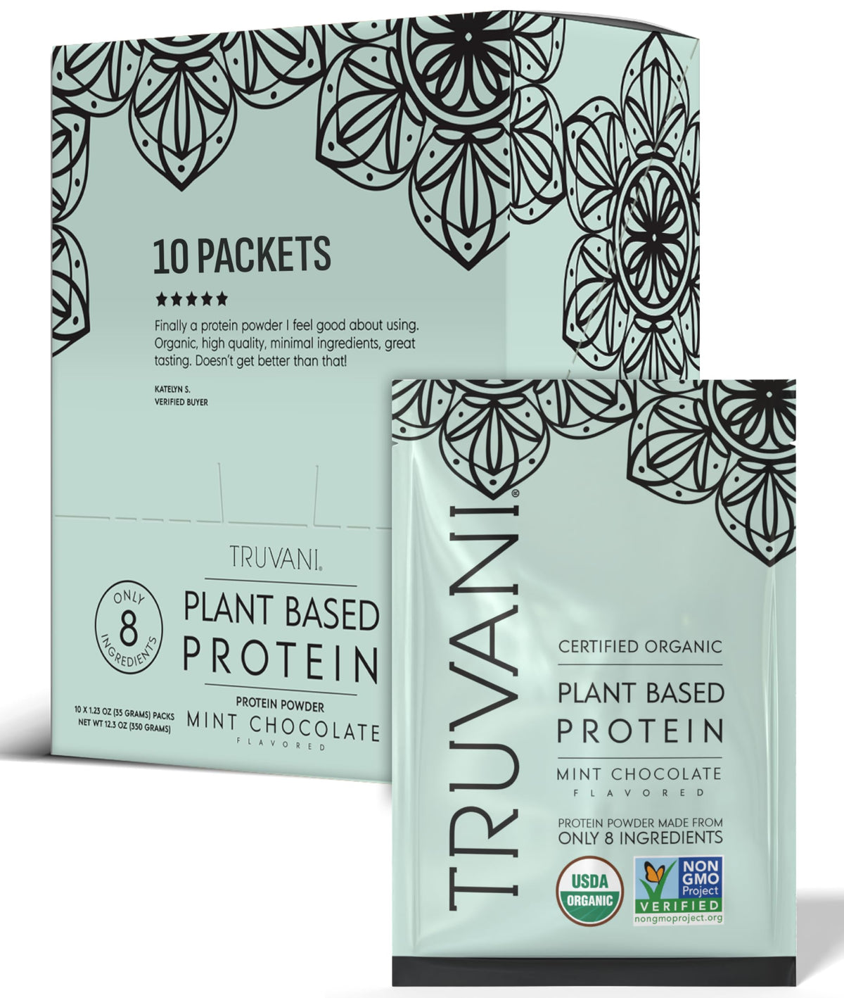 Truvani vegan pea protein mint chocolate packet for on-the-go protein boost