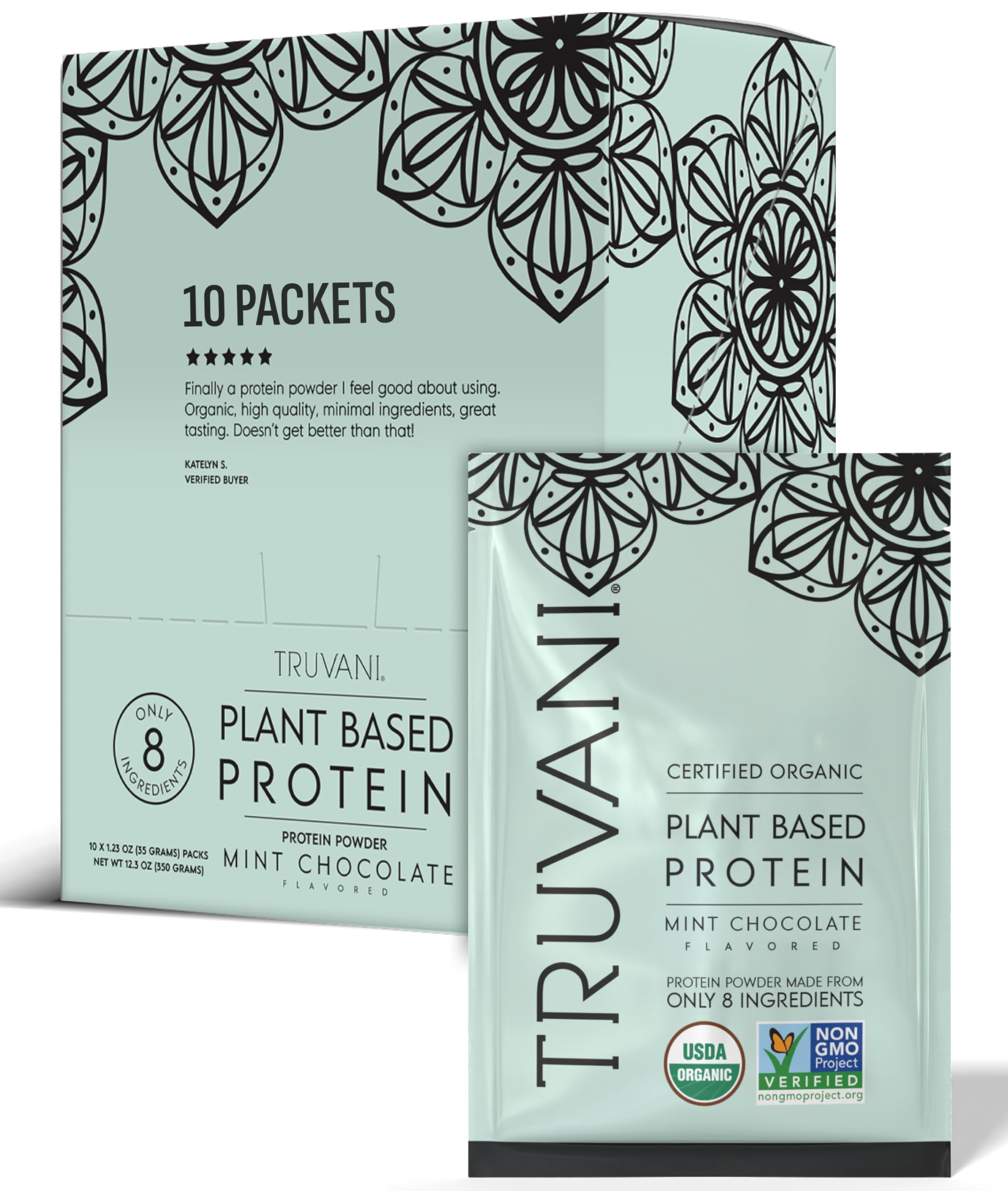 Truvani vegan pea protein mint chocolate packet for on-the-go protein boost