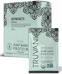 Truvani vegan pea protein mint chocolate packet for on-the-go protein boost