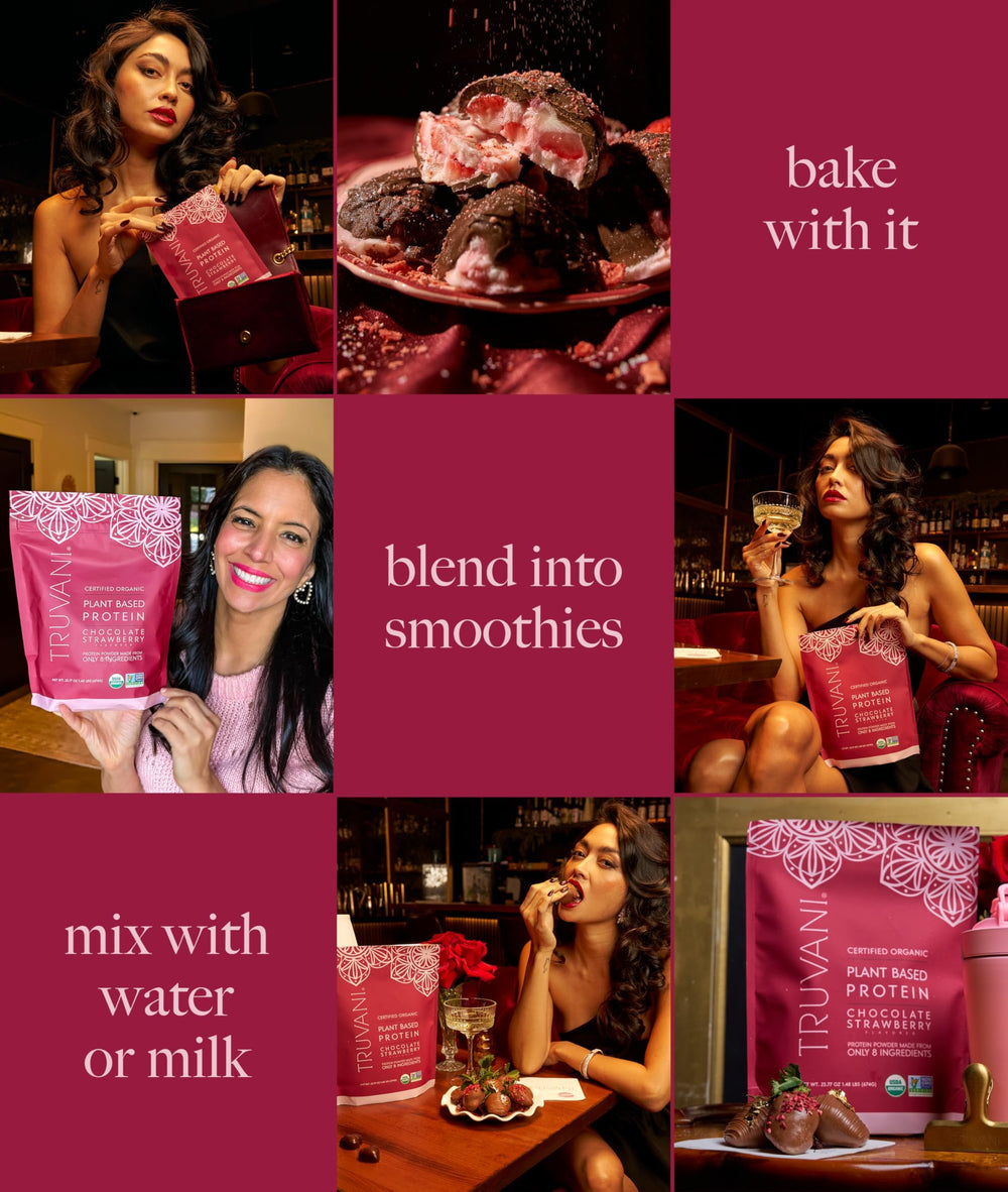 Truvani vegan pea protein powder serving idea with berries for versatile smoothies