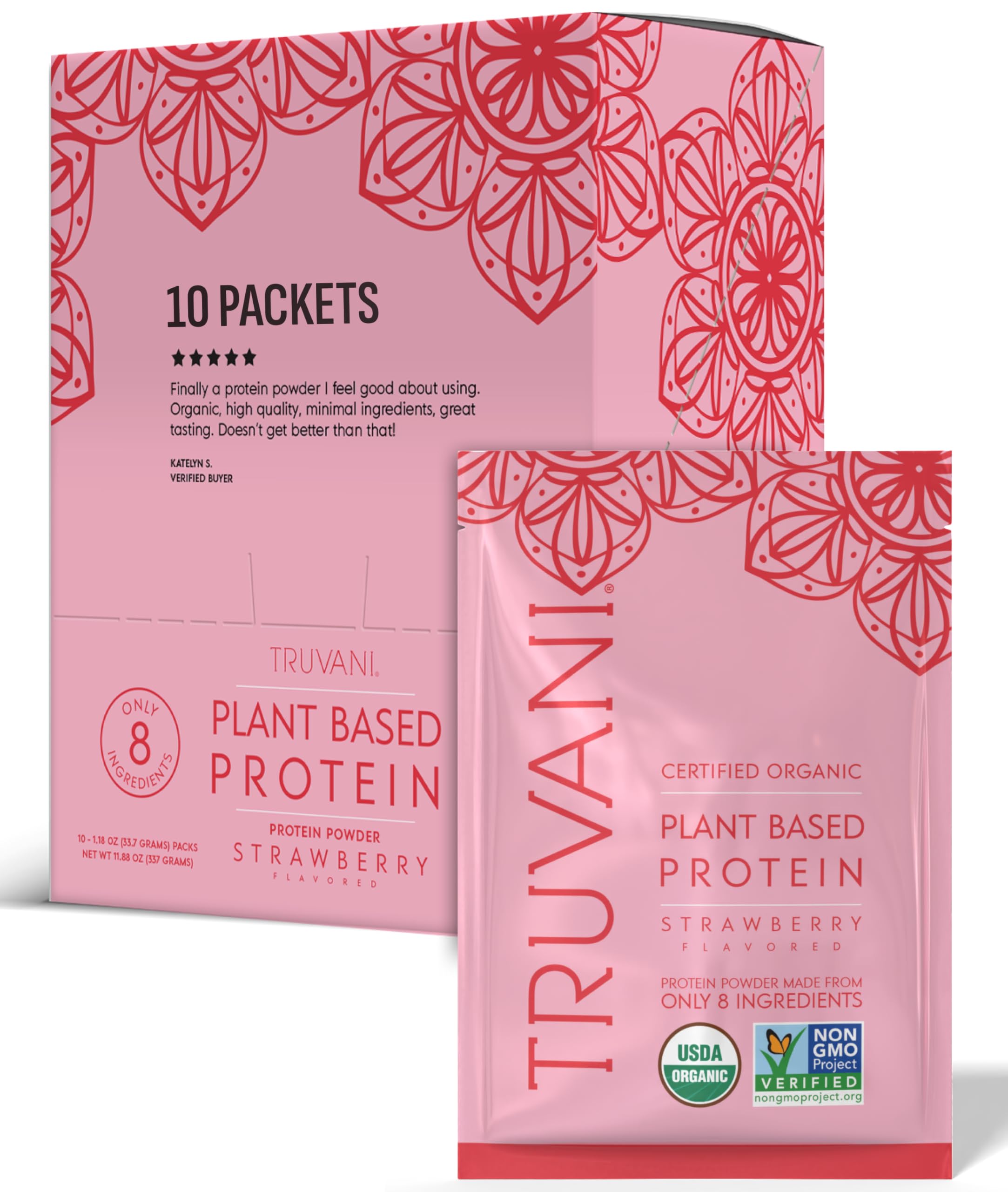Truvani strawberry protein tub shows clean organic ingredients for a berry smoothie base