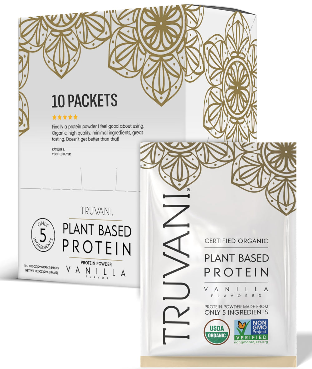 Truvani vegan pea protein vanilla packaging highlights premium ingredients for clean fueling.