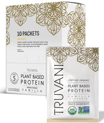 Truvani vegan pea protein vanilla packaging highlights premium ingredients for clean fueling.