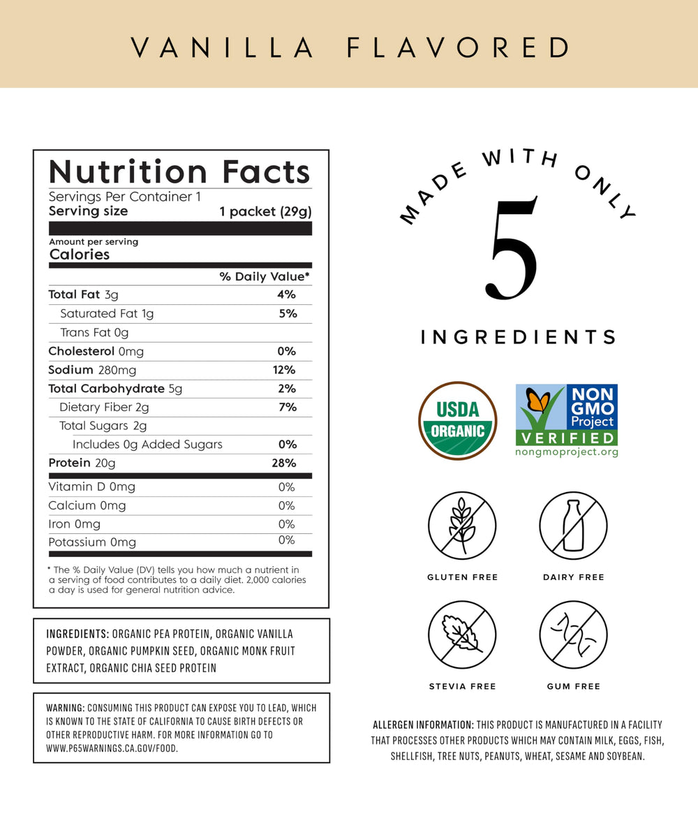 Truvani vegan pea protein vanilla powder close-up shows smooth texture ideal for shakes.