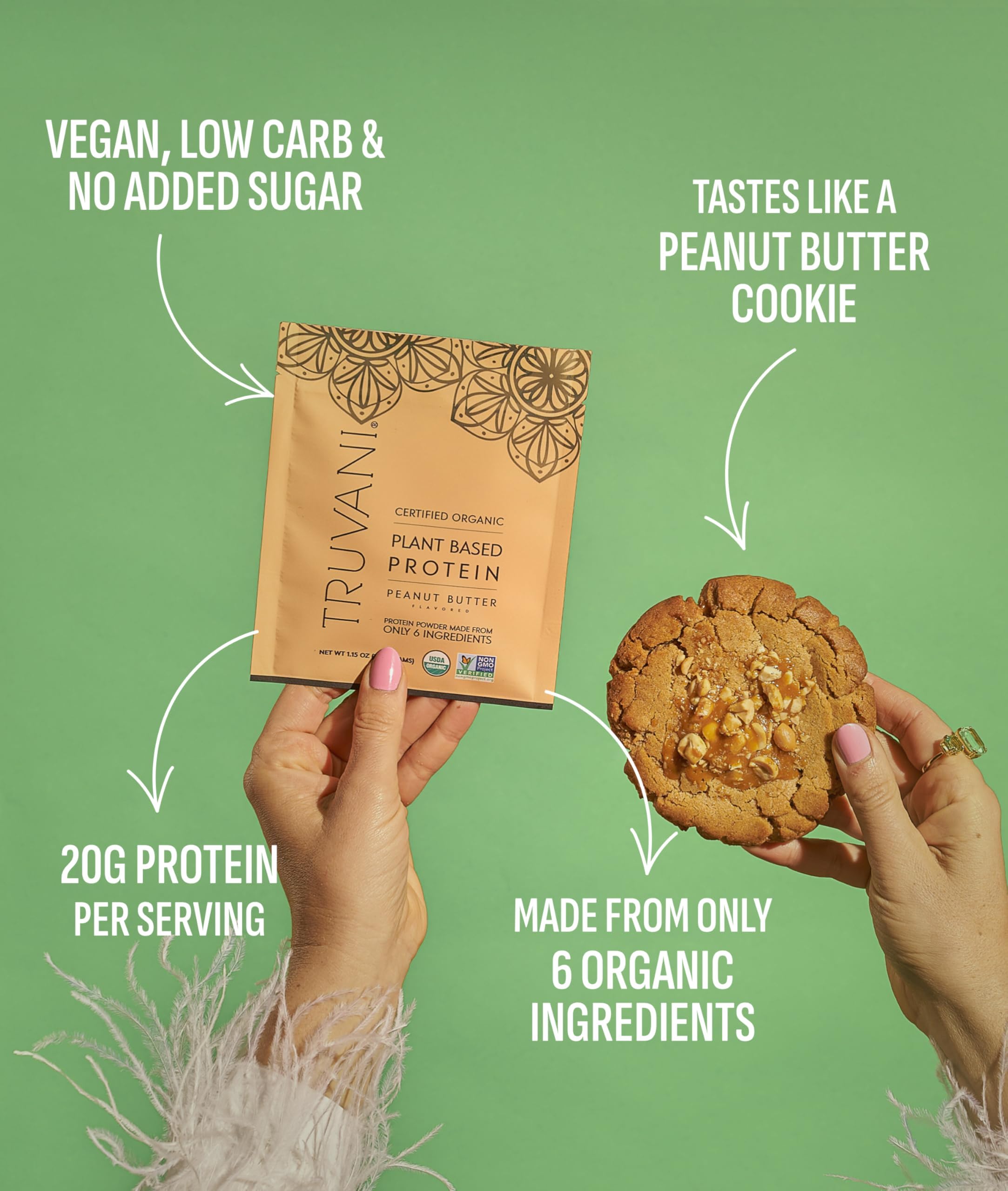 Truvani ingredients panel emphasizes organic pea, pumpkin seed, and chia seed