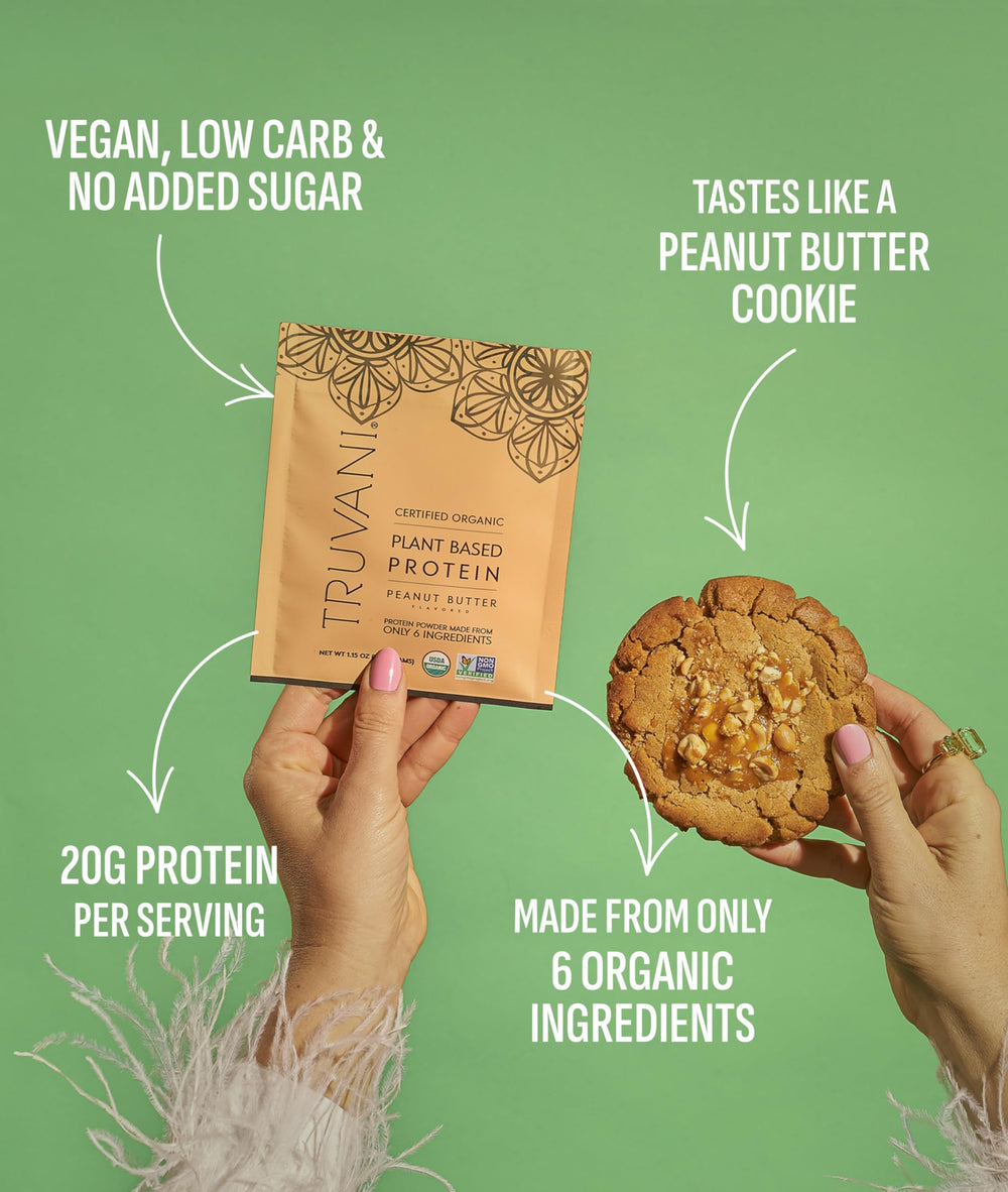 Truvani ingredients panel emphasizes organic pea, pumpkin seed, and chia seed