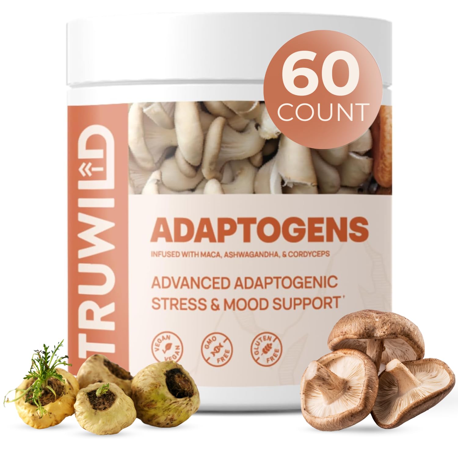 TruWild Adaptogen Blend bottle with cordyceps, maca and ashwagandha